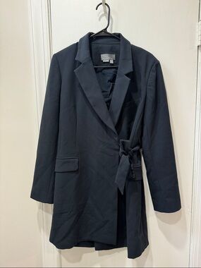 Anthropologie Womens Navy Blue Wrap Blazer Coat - Classic Tie Waist - Open Back